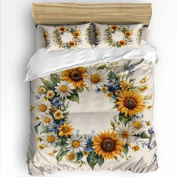 Spring Pastoral Queen Size Comforter Set, Sunflower Circle Flower Linen Texture Soft Bedding for All Seasons, 4 Pcs Bed Set with 1Comforter (90"x92") ,1 Sheet(94"x116"), 2 Pillowcases (19"x29")