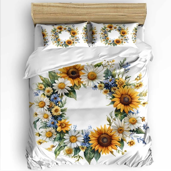 Spring Pastoral Queen Size Comforter Set, Sunflower Circle Flower Soft Bedding for All Seasons, 4 Pcs Bed Set with 1Comforter (90"x92") ,1 Sheet(94"x116"), 2 Pillowcases (19"x29")