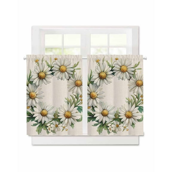Spring Pastoral Short Blackout Curtains 45 Inch Long White Circle Flower Linen Texture Rod Pocket Kitchen Curtains, 2 Panels Thermal Insulated Room Darkening Drapes for Bedroom, 30"W x 45"L