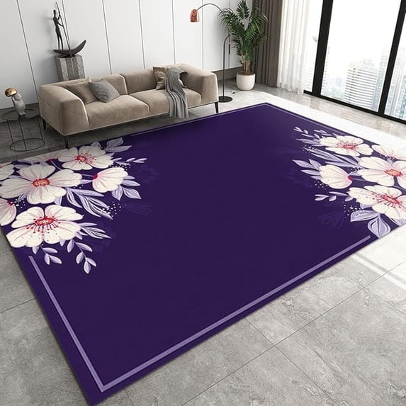 Spring Pastoral Style White Cherry Blossoms Area Rug, Simple Retro Purple Texture Print Large Rugs, Washable Breathable Durable Carpet For Room Living Room Bedroom Home Decor 3x4ft