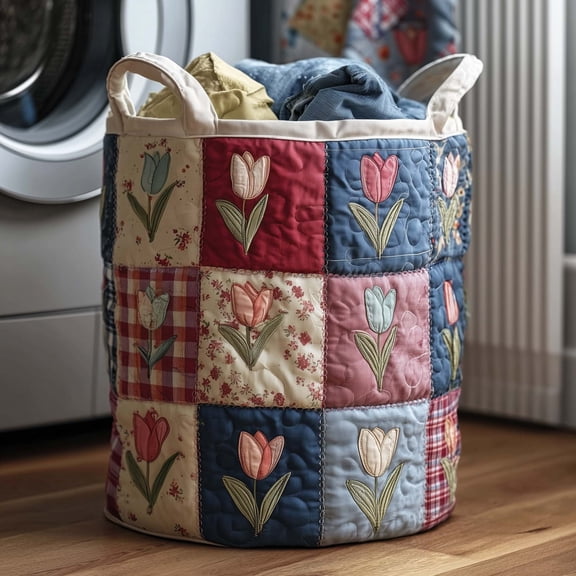 Spring Patch Quilted Laundry Basket, Collapsible Fabric Hamper for Clothes, Toys and Blankets