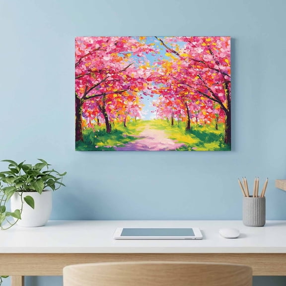 Spring Path Canvas Wall Art, Cherry Blossoms Floral Garden Nature Wall Art Prints Artwork Framed Canvas Ready to Hang Art Pictures for Living Dining Room Bedroom Hallway 24" x 18"