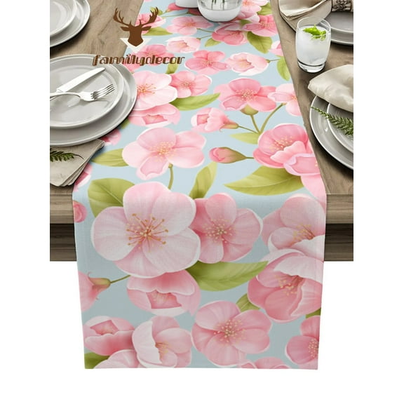 Spring Peach Blossom Flower Table Runner Home Wedding Table Flag Mat Table Centerpieces Decoration Party Dining Long Tablecloth