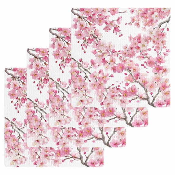 Spring Peach Flowers Kitchen Dish Towels for Drying Dishes Set of 4, Pink Botanical Floral Leaves Branch Waffle Weave Microfiber Hand Tea Bathroom Towels Quick Dry & Absorbent Towel 12x12