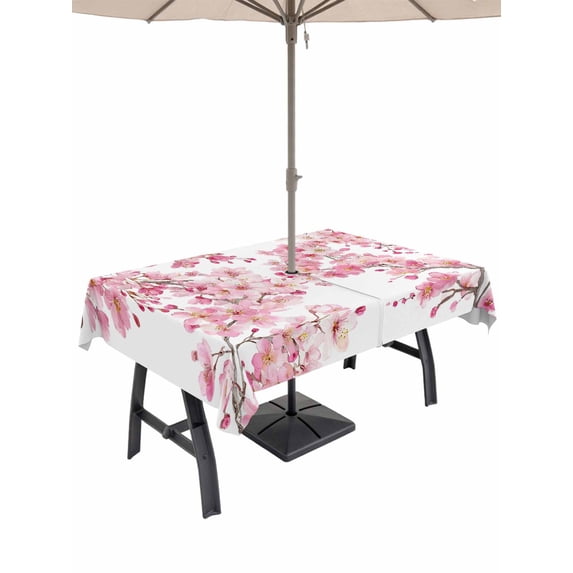 Spring Peach Flowers Outdoor Tablecloth - 54x80 Inch Rectangle Dining Table Cover, Pink Botanical Floral Leaves Branch Waterproof Outdoor Table Cloth with Umbrella Hole & Zipper for Picnic/Patio