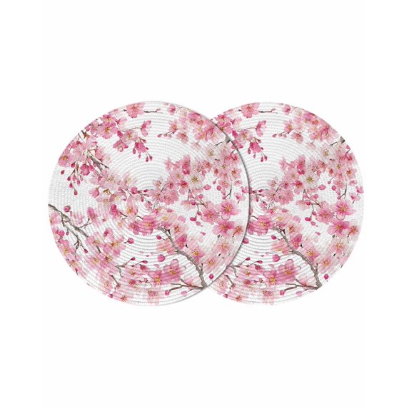 Spring Peach Flowers Round 13 Inch Placemats Set of 2, Pink Botanical Floral Leaves Branch HeatResistant Non Slip Place Mats for Dining Table, Wipeable Braided Kitchen Table Mats for Housewarming