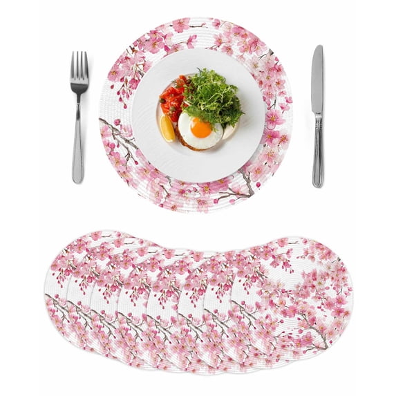 Spring Peach Flowers Round 13 Inch Placemats Set of 8, Pink Botanical Floral Leaves Branch HeatResistant Non Slip Place Mats for Dining Table, Wipeable Braided Kitchen Table Mats for Housewarming