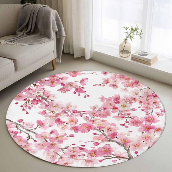 Spring Peach Flowers Round Area Rug 4Ft Washable Circle Rugs for Bedroom Dining Room, Pink Botanical Floral Leaves Branch Non-Slip Carpet Floor Mats Indoor Outdoor Carpet Runner Aesthetic Home Decor