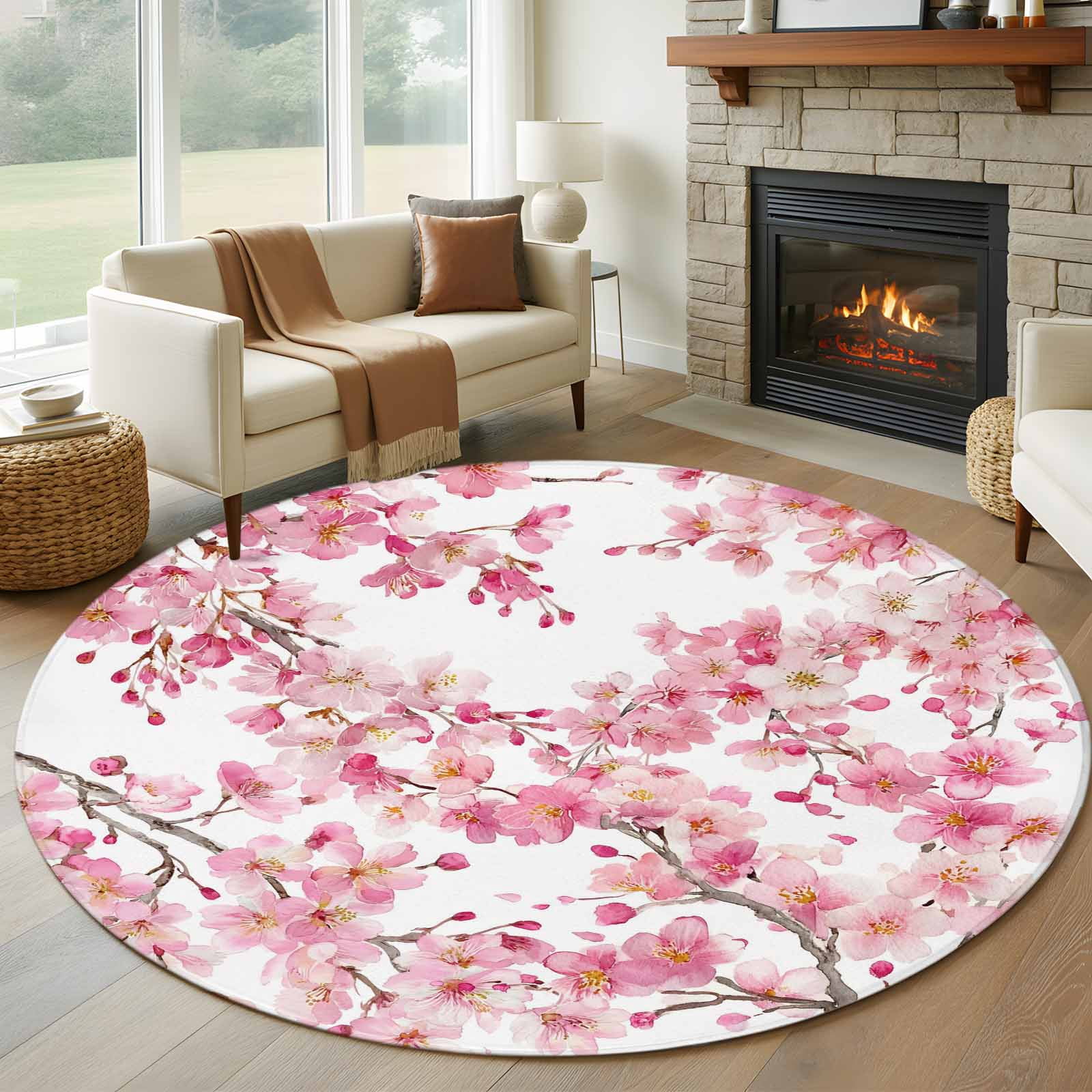 Spring Peach Flowers Round Area Rug 7Ft Washable Circle Rugs for Dorm Laundry Room, Pink Botanical Floral Leaves Branch Non-Slip Carpet Floor Mats Indoor Outdoor Carpet Runner Aesthetic Home Decor