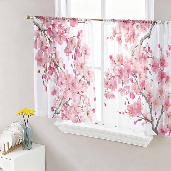 Spring Peach Flowers Sheer Curtains 45 Inch Length 2 Panels Set Window Treatments, Pink Botanical Floral Leaves Branch Rod Pocket Semi Curtains for Living Room/Bedroom/Kitchen Décor, 104"W x 45"L