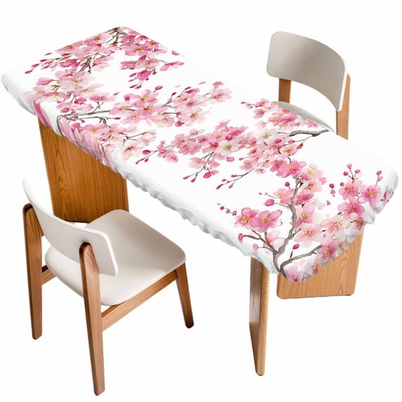Spring Peach Flowers Table Cloths for 8 Foot Rectangle Tables, Pink Botanical Floral Leaves Branch Patio Waterproof Elastic Fitted Tablecloths, Washable Rectangular Table Cover for Camping