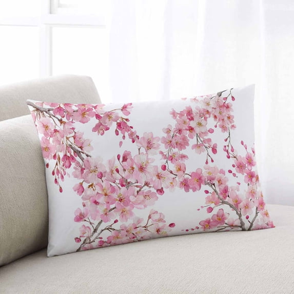 Spring Peach Flowers Throw Pillow Covers, Pink Botanical Floral Leaves Branch Soft Breathable Pillow Cases with Invisible Zipper, Toddler Pillowcases for Couch Bed Sofa Chair 12x20 Inches
