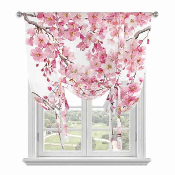 Spring Peach Flowers Tie Up Curtains 45 Inches Long, Kitchen Window Curtains Over Sink, Pink Botanical Floral Leaves Branch Small Window Curtains Shade Balloon Curtains Valances for Bedroom 34"x45"