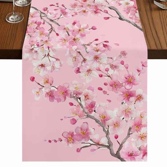 Spring Peaches Burlap Cotton Table Runner 13x36 Inches Short, Botanical Blossom Flowers Branches Farmhouse Table Runners, Outdoor Dining Tablecloths Decor for Baby Shower/Party/Wedding