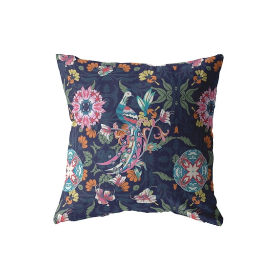 Spring Peacock Throw Pillow in Indigo 18x18