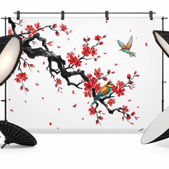 Spring Photography Backdrop 7x5FT, Oriental Traditional Red Plum Blossoms Birds Ethnic Photo Backdrops, Background for Photography Studio Photo Studio Background, Back Drop for Photoshoot