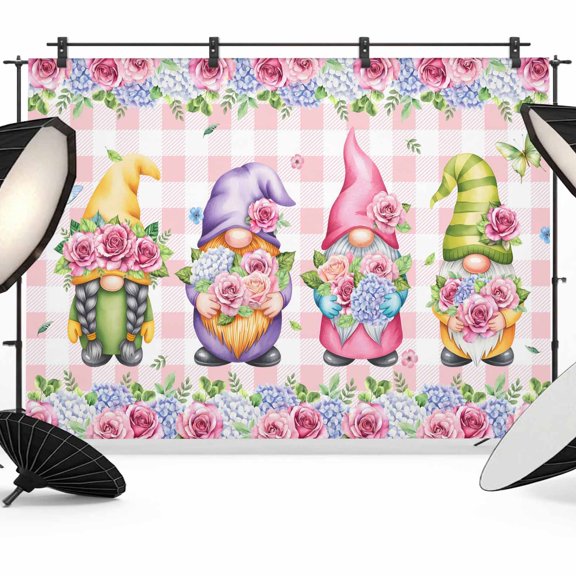 Spring Photography Backdrop 7x5FT, Purple Pink Green Rose Floral Leaf Gnomes Pink Plaid Photo Backdrops, Background for Photography Studio Photo Studio Background, Back Drop for Photoshoot