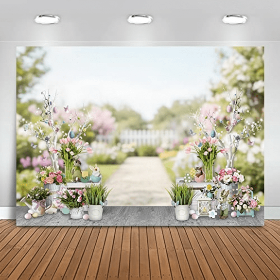 Spring Photography Backdrop with Blue Wooden Doors and Brick Wall Design, Easter Bunny Rabbit Theme Party Decor, Large 7x5ft Photo Studio Background for Holiday Events