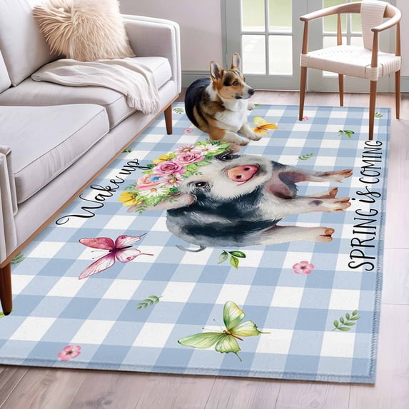 Spring Pig Area Rug 3x5 Washable Rug Non Slip Butterfly Botanical Floral Blue Plaid Large Area Rug Indoor Floor Carpet for Entryway Bedroom Kitchen Living Room Home Office Dining Room Nursery