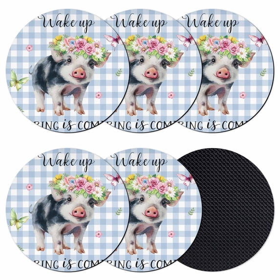 Spring Pig Coasters Set of 6, Absorbent Coasters for Drinks, Butterfly Botanical Floral Blue Plaid Coaster for Desk Coffee Table Protection, Home Decor House Warming Gifts 4"