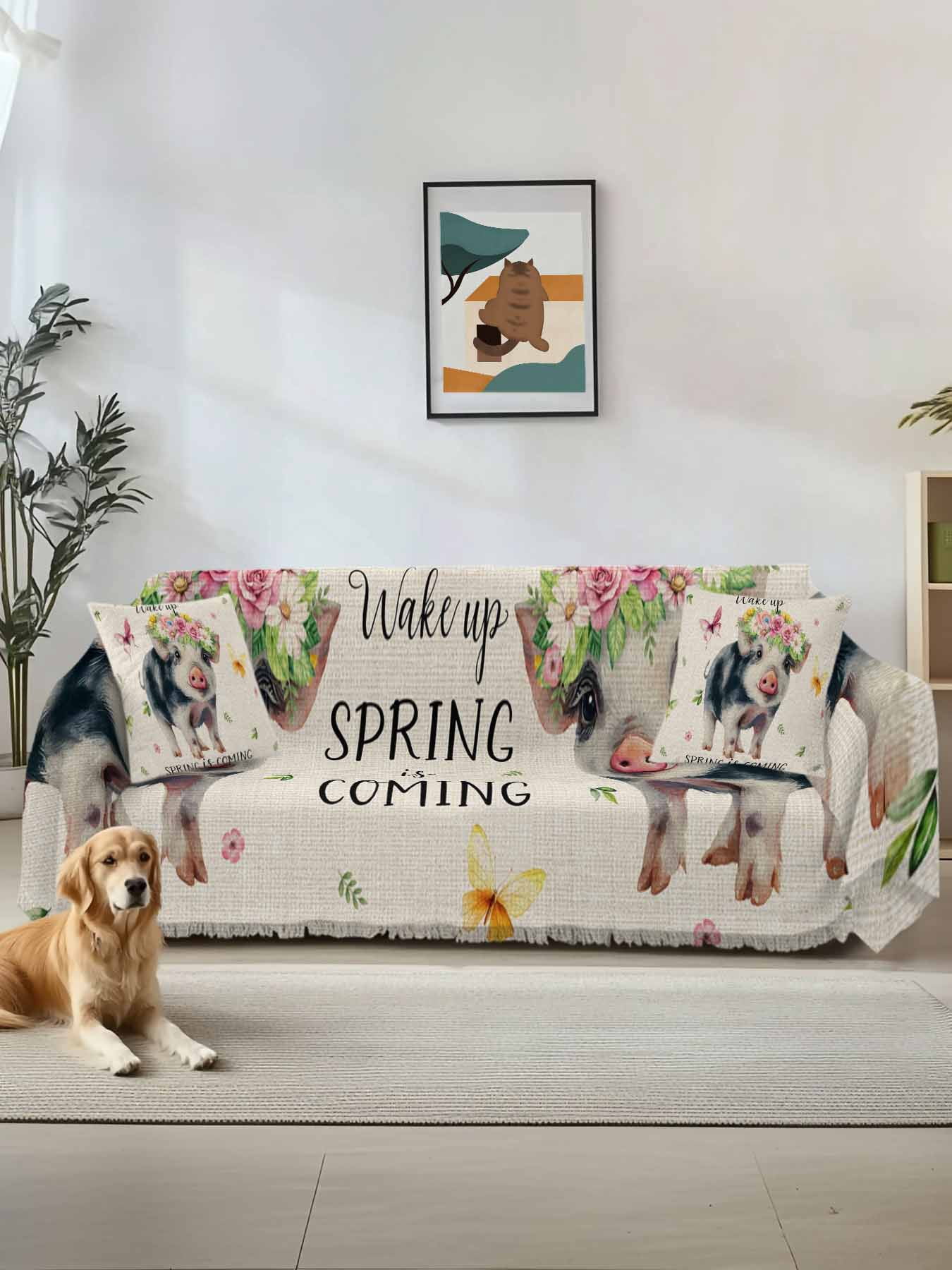 Spring Pig Couch Cover for 2 Cushion Sofa, Butterfly Botanical Floral ...