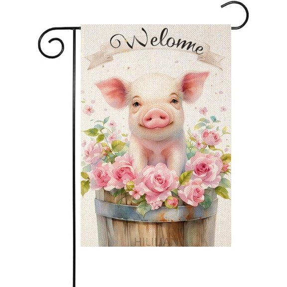 Spring Pig Garden Flag Double Sided 12x18 Inch Polyester Decorative Farmhouse Yard Patio Pink Rose Outdoor Banner
