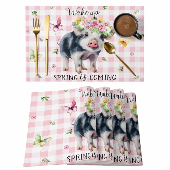 Spring Pig Placemats Set of 4, Butterfly Botanical Floral Pink Plaid Placemats for Dining Table, Place Mats for Kitchen Tabletop, Waterproof Wipeable Dining Table Mats Set