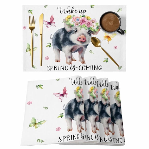 Spring Pig Placemats Set of 4, Butterfly Botanical Floral Summer Placemats for Dining Table, Place Mats for Kitchen Tabletop, Waterproof Wipeable Dining Table Mats Set