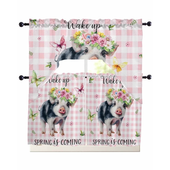Spring Pig Swag Curtains for Living Room/Bedroom Windows, Butterfly Botanical Floral Pink Plaid Kitchen Curtains and Valances Set 36 Inch Length, Light Filtering Swags Valance Curtain Panels