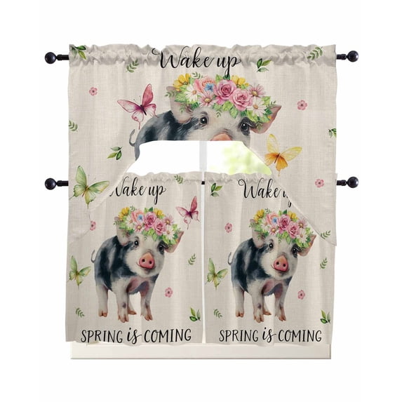 Spring Pig Swag Kitchen Curtains Sets for Windows 24 Inch Length, Butterfly Botanical Floral Rustic Short Window Curtain Panels Swags Valances and Tiers 3 Piece Set for Cafe/Dining Room