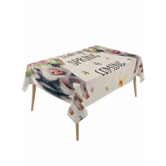 Spring Pig Table Cloth, Waterproof Tablecloth for Rectangle Tables, Butterfly Botanical Floral Rustic Reusable Washable Fabric Table Cover for Restaurant Kitchen Dining Tables 54"x108"