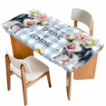 thumbnail image 1 of Spring Pig Table Cloths for 3 Foot Rectangle Tables, Butterfly Botanical Floral Blue Plaid Patio Waterproof Elastic Fitted Tablecloths, Washable Rectangular Table Cover for Camping, 1 of 8