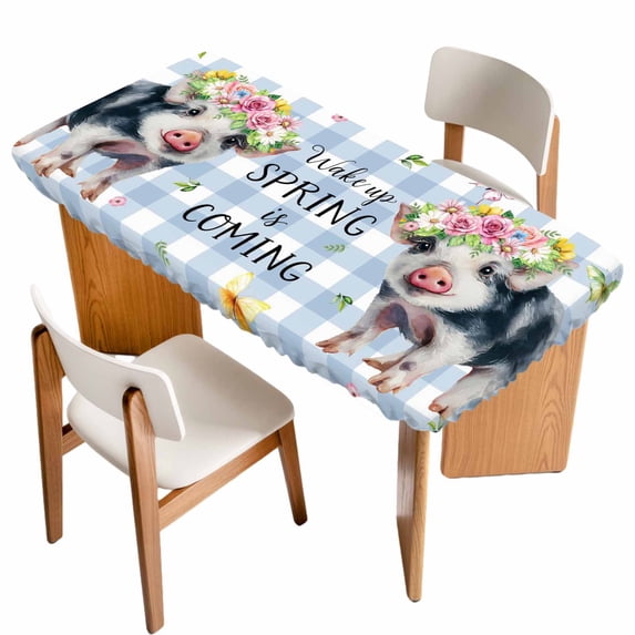 Spring Pig Table Cloths for 3 Foot Rectangle Tables, Butterfly Botanical Floral Blue Plaid Patio Waterproof Elastic Fitted Tablecloths, Washable Rectangular Table Cover for Camping