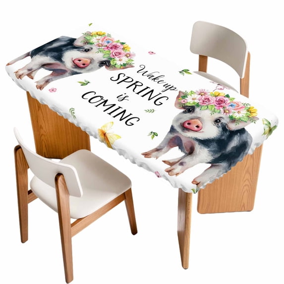 Spring Pig Table Cloths for 4 Foot Rectangle Tables, Butterfly Botanical Floral Summer Patio Waterproof Elastic Fitted Tablecloths, Washable Rectangular Table Cover for Camping