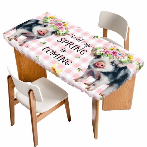 Spring Pig Table Cloths for 6 Foot Rectangle Tables, Butterfly Botanical Floral Pink Plaid Patio Waterproof Elastic Fitted Tablecloths, Washable Rectangular Table Cover for Camping