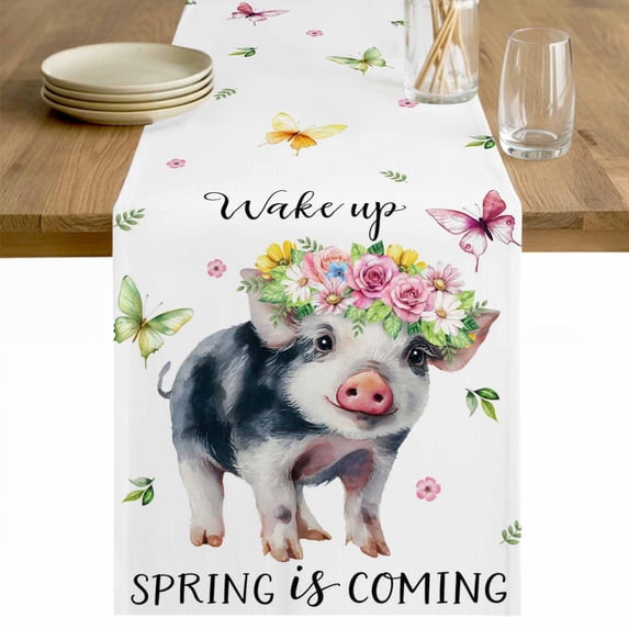 Spring Pig Table Runner - 72 Inch Long Butterfly Botanical Floral Summer Cotton and Linen Blended Dress Scarves Farmhouse Table Runner for Kitchen Dining, Coffee Table, 13" x 72"