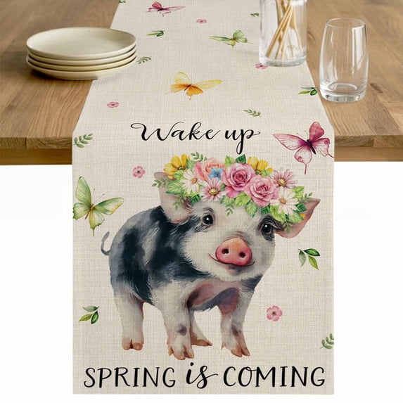 Spring Pig Table Runner - 90 Inch Long Butterfly Botanical Floral Rustic Cotton and Linen Blended Dress Scarves Farmhouse Table Runner for Kitchen Dining, Coffee Table, 13" x 90"