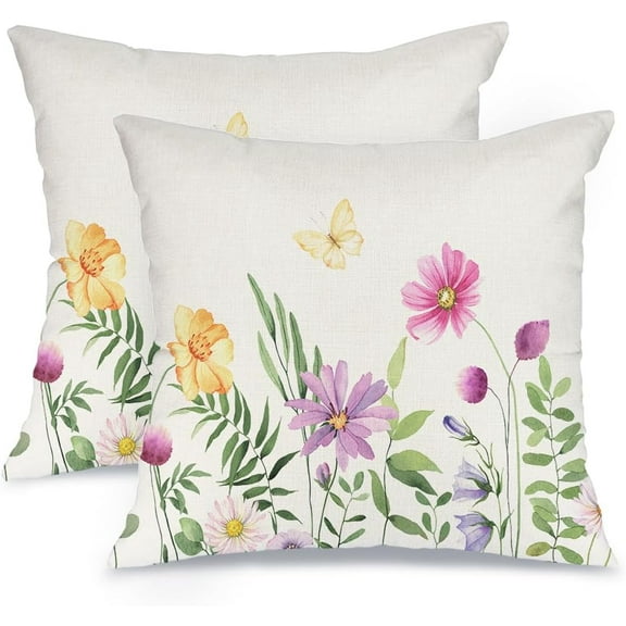 Spring Pillow Cover 18X18 Set of 2,Flower Butterfly Decorations Farmhouse Seasonal Summer Pillow Case Decor for Sofa Couch AA056-18-2