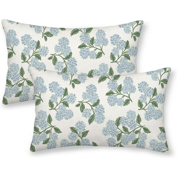 Spring Pillow Covers 12x20 Inch 2 Pcs Blue Green Hydrangea Flower Decor Throw Pillows Vintage Floral Seasonal Summer Outdoor Decoration Lumbar Pillowcase Linen Cushion Cover for Couch Sofa