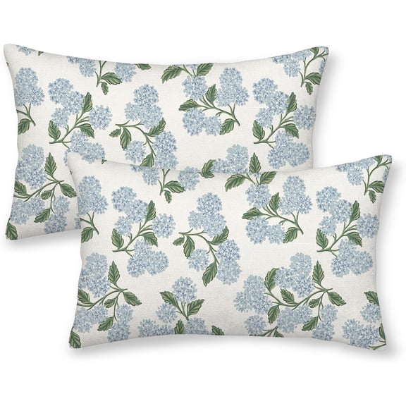 Spring Pillow Covers 12x20 Inch 2 Pcs Blue Green Hydrangea Flower Decor Throw Pillows Vintage Floral Seasonal Summer Outdoor Decoration Lumbar Pillowcase Linen Cushion Cover for Couch Sofa