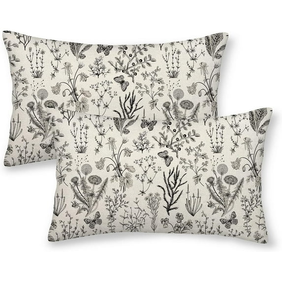 Spring Pillow Covers 12x20 Inch Set of 2,Black Gray Wild Flower Plant Throw Pillows Case,Seasonal Floral Outdoor Decorative Linen Farmhouse Decor Cushion Covers for Home Sofa Bed Couch