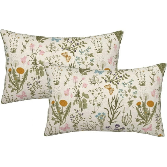 Spring Pillow Covers 12x20 Inch Set of 2,Sage Green Wild Flower Plant Throw Pillows Case,Seasonal Floral Outdoor Decorative Square Linen Farmhouse Decor Cushion Covers for Home Sofa Bed Couch