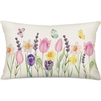 Spring Pillow Covers 12x20 Inch Tulip Lavender Flower Decorative Throw Pillows Farmhouse Outdoor Linen Butterfly Summer Seasonal Floral Cushion Case for Couch Sofa Home Decor