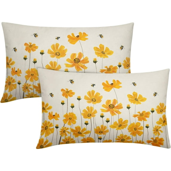 Spring Pillow Covers 12x20 Set of 2 Daisy Bee Yellow Flower Summer Floral Outdoor Rectangle Decorative Lumbar Throw Pillow Cases Seasonal Themed Farmhouse Decor for Sofa Couch Bed