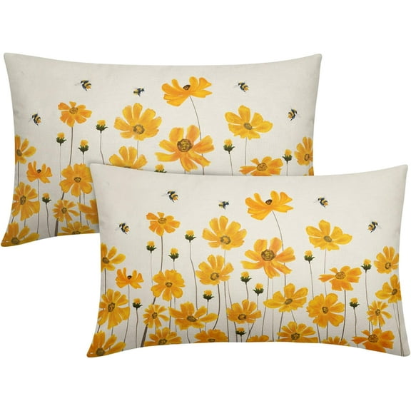 Spring Pillow Covers 12x20 Set of 2 Daisy Bee Yellow Flower Summer Floral Outdoor Rectangle Decorative Lumbar Throw Pillow Cases Seasonal Themed Farmhouse Decor for Sofa Couch Bed