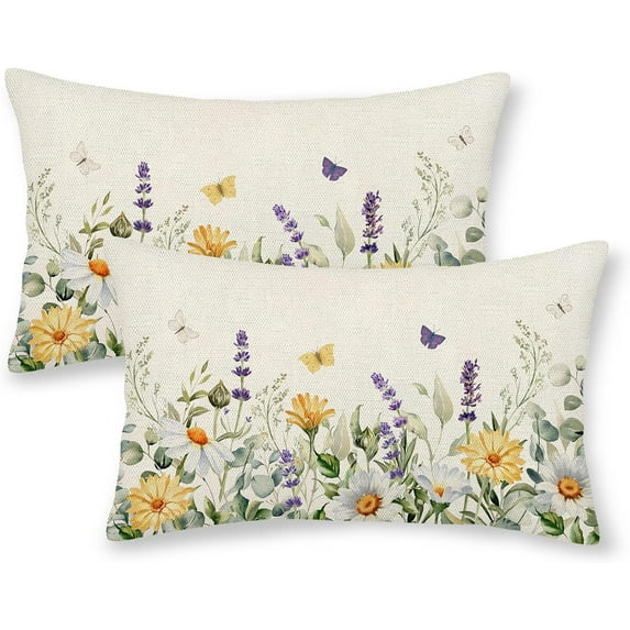 Spring Pillow Covers 12x20 Set of 2, Watercolor Lavender Eucalyptus Butterflies Decorative Throw Pillows Wildflowers Daisy Farmhouse Cushion Pillow Covers for Sofa Couch Outdoor Decor
