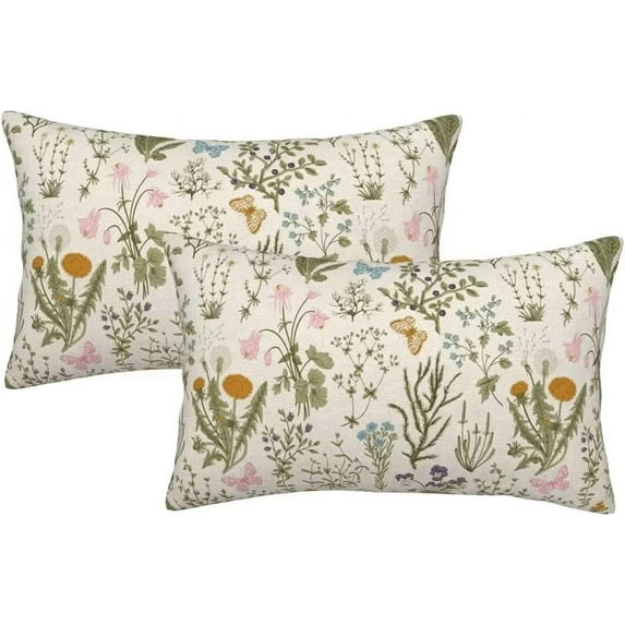 Spring Pillow Covers 12x20 Set of 2, Wildflower Sage Green Decorations Throw Pillow Cases Botanical Plants Seasonal Linen Outdoors Cushion Case Decor for Home Bed Car Couch