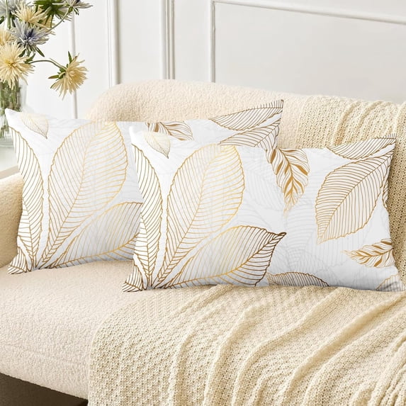 Spring Pillow Covers 12x20 inch Set of 2, Soft Pillowcases Golden Leaves Pattern Decorative Sofa Living Room Bed Square Pillow Case Cushion Cover-Golden