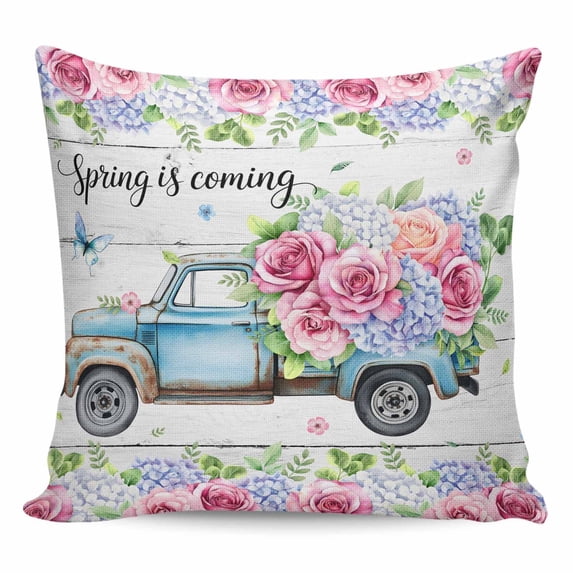 Spring Pillow Covers 16x16 Inch Decorative Throw Pillow Cover, Truck Botanical Floral Leaf Butterfly Wooden Grain Sofa Pillowcases Accent Cushion Case Home Decor Bedroom Living Room