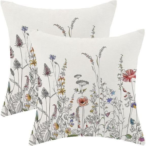 Spring Pillow Covers 16x16 Inch Set of 2, Black Wild Flower Throw Pillows Case,Colorful Seasonal Floral Plant Outdoor Decorative Farmhouse Decor Cushion Covers for Home Sofa Bed Couch